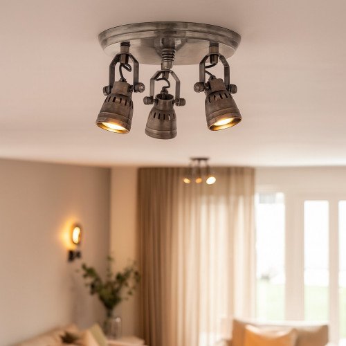 Plafonnière Westham (50411) vintage argent vieilli 3 spots | Nostalux.fr