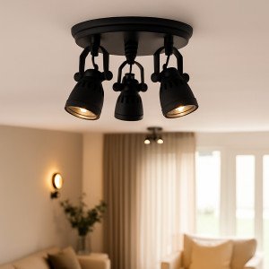 plafonnière, Westham, noire, vintage, 3 spots, laiton