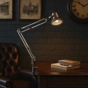 lampe de table industrielle en laiton avec vis de fixation et bras articulé, couleur argent