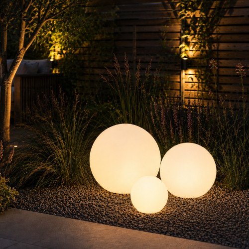 Set de 3 boules de jardin lumineuses 30Ø, 40Ø & 50Ø avec piquets | Nostalux.fr