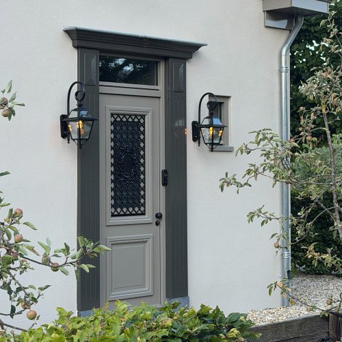 Lampe d'extérieur noire stylée, avec grande surface vitrée claire, une lanterne murale de luxe pour l'extérieur, épuré, classique, éclairage d'extérieur, KS Lighting