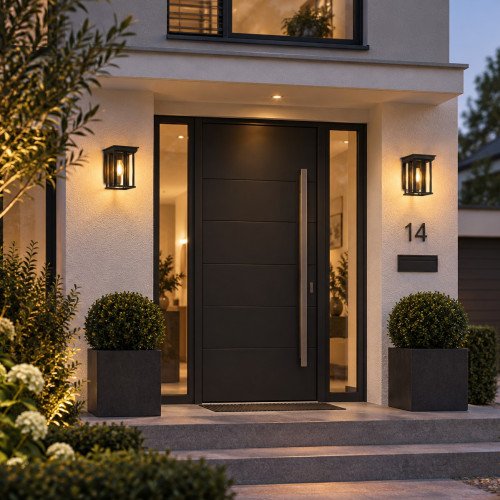 Applique d'extérieur noire, éclairage classique moderne et élégant, boîtier design, verre clair, lignes épurées, cadre noir