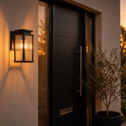 Lampe extérieure Ripley applique murale noire verre strié
