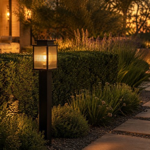Lampe d’extérieur Leicester 2 lampadaire de jardin noir verre strié aluminium 100 cm