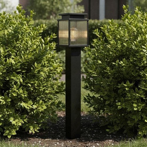 Lampe d’extérieur Leicester 2 lampadaire de jardin noir verre strié aluminium 100 cm