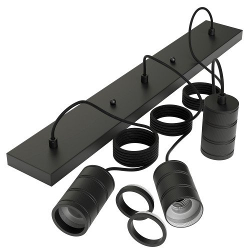 Suspension Calex de forme rectangulaire comprenant trois douilles E27 de style industriel et de couleur noire