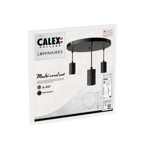 Suspension Calex de forme ronde comprenant trois douilles E27 de style industriel et de couleur noire