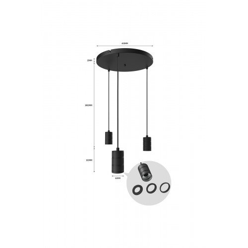 Suspension Calex de forme ronde comprenant trois douilles E27 de style industriel et de couleur noire