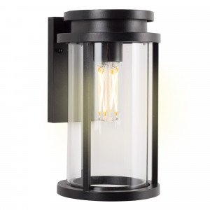Lampe d'extérieur, noire, plaque arrière de fixation noire rectangulaire, abat-jour lanterne cylindrique avec verre clair, culot E27, éclairage moderne et élégant pour l'extérieur  Lampe d'extérieur, noire, plaque arrière de fixation noire rectangulaire, abat-jour lanterne cylindrique avec verre clair, culot E27, éclairage moderne et élégant pour l'extérieur