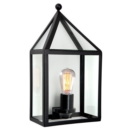 Applique murale noire d'extérieur modèle Laren avec boîtier en forme de maison, anodisé en acier inoxydable, verre clair, ampoule visible