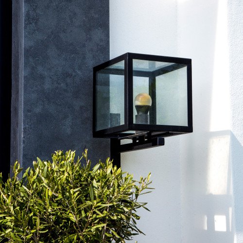 Lampe d'extérieur noire, acier inoxydable, boîtier design moderne, lampe de forme carrée avec verre clair, ampoule visible , petit support mural