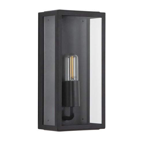 Lampe murale noire d'extérieur avec grande surface de verre clair, épuré, moderne avec un caractère classique, applique de façade, avec arrière plat. 
