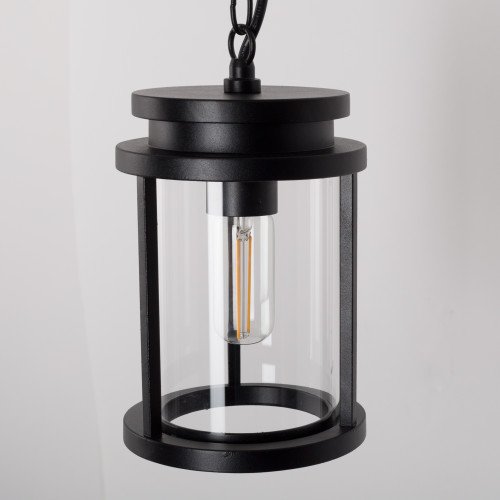 lampe suspendue d'extérieur sur une chaîne, cadre noir, abat-jour lanterne cylindrique, y compris plaque de plafond, design moderne classique élégant