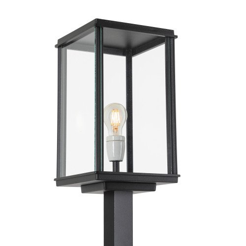 lampadaire de forme carrée avec de grandes fenêtres en verre de couleur noire