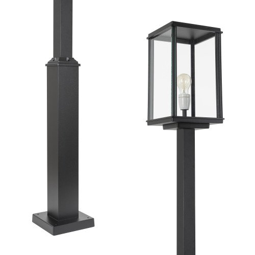 lampadaire de forme carrée avec de grandes fenêtres en verre de couleur noire