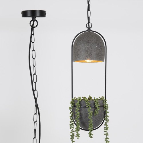 Lampe suspendue Pebble noire avec bac à plantes inclus | Nostalux.fr